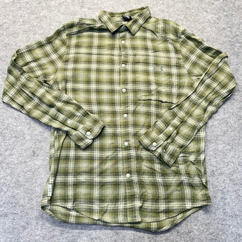 Under Armour Button Up Shirt Mens L Snap Flannel Cotton Green Plaid